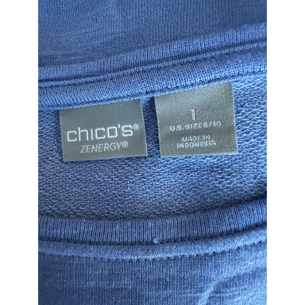 Chico's Zenergy Blouse Womens 1 Blue Button Sleeve Crew Neck Tunic‎ Top Jersey - Picture 3 of 7